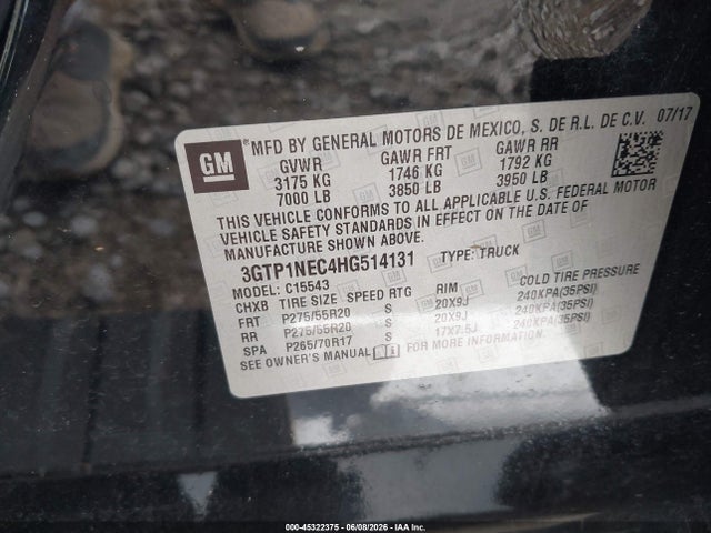 45322375 :رقم المزاد ، 3GTP1NEC4HG514131 vin ، 2017 Gmc Sierra 1500 Slt مزاد بيع