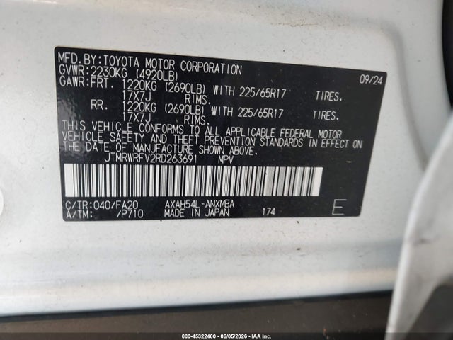 2024 Toyota Rav4 Hybrid Xle მანქანა იყიდება აუქციონზე, vin: JTMRWRFV2RD263691, აუქციონის ნომერი: 45322400