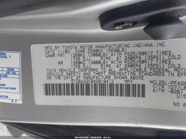 Aukcja sprzedaży 2004 Toyota Sienna Xle Limited, vin: 5TDBA22C04S010412, numer aukcji: 45322408
