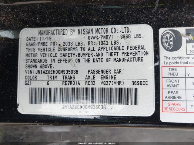 Aukcja sprzedaży 2016 Nissan 370z, vin: JN1AZ4EH0GM935038, numer aukcji: 45322418