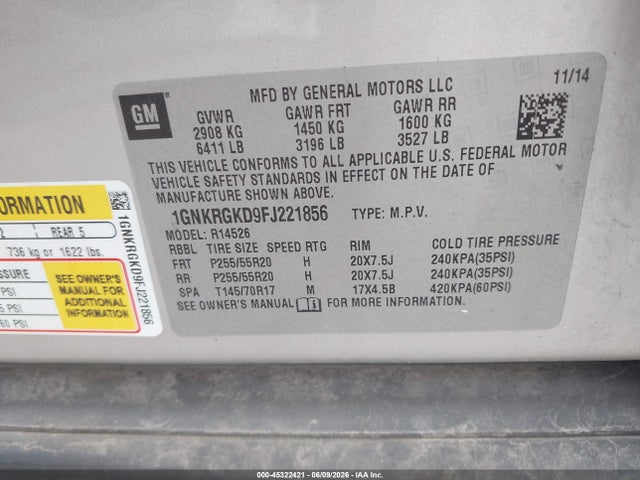 Продаж на аукціоні авто 2015 Chevrolet Traverse Lt, vin: 1GNKRGKD9FJ221856, номер лоту: 45322421