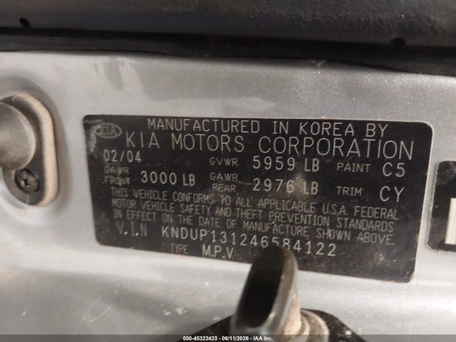 Aukcja sprzedaży 2004 Kia Sedona Ex/lx, vin: KNDUP131246584122, numer aukcji: 45322423