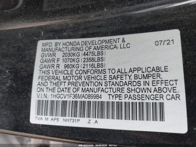 2021 Honda Accord Sport მანქანა იყიდება აუქციონზე, vin: 1HGCV1F36MA089984, აუქციონის ნომერი: 45322430