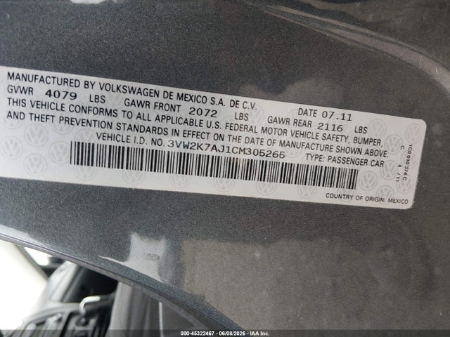 2012 Volkswagen Jetta 2.0l S მანქანა იყიდება აუქციონზე, vin: 3VW2K7AJ1CM305265, აუქციონის ნომერი: 45322467