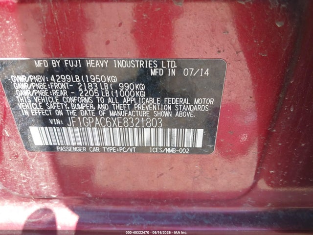 45322470 :رقم المزاد ، JF1GPAC6XE8321803 vin ، 2014 Subaru Impreza 2.0i Premium مزاد بيع