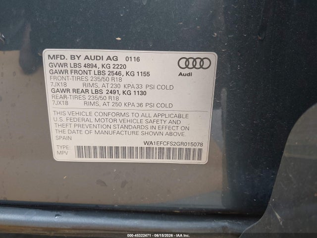 45322471 :رقم المزاد ، WA1EFCFS2GR015078 vin ، 2016 Audi Q3 2.0t Premium Plus مزاد بيع