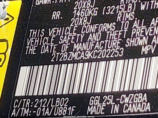 45322519 :رقم المزاد ، 2T2BZMCA9KC202253 vin ، 2019 Lexus Rx 350 مزاد بيع