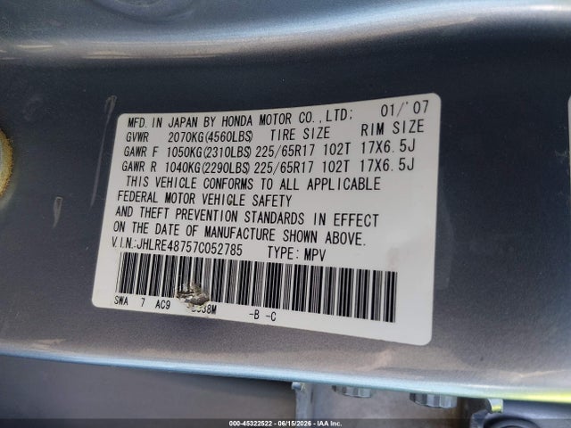 Продаж на аукціоні авто 2007 Honda Cr-v Ex-l, vin: JHLRE48757C052785, номер лоту: 45322522