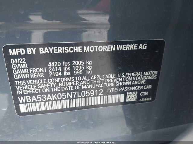 45322529 :رقم المزاد ، WBA53AK05N7L05912 vin ، 2022 Bmw 228 Gran Coupe I Sdrive مزاد بيع