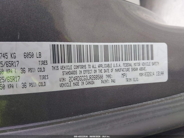 45322536 :رقم المزاد ، 2C4RDGCG3JR268500 vin ، 2018 Dodge Grand Caravan Sxt مزاد بيع