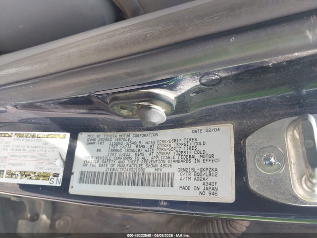 Aukcja sprzedaży 2004 Toyota 4runner Limited V6, vin: JTEBU17R248021992, numer aukcji: 45322549