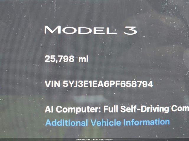 Продажа на аукционе авто 2023 Tesla Model 3 Rear-wheel Drive, vin: 5YJ3E1EA6PF658794, номер лота: 45322556