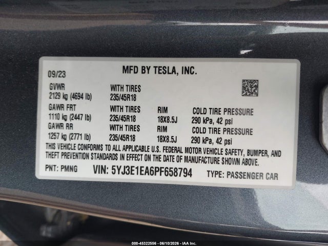 Продажа на аукционе авто 2023 Tesla Model 3 Rear-wheel Drive, vin: 5YJ3E1EA6PF658794, номер лота: 45322556