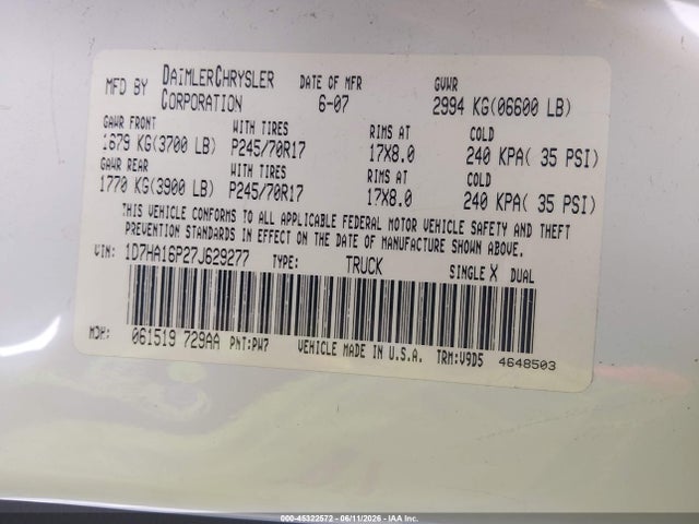 Aukcja sprzedaży 2007 Dodge Ram 1500 Slt, vin: 1D7HA16P27J629277, numer aukcji: 45322572