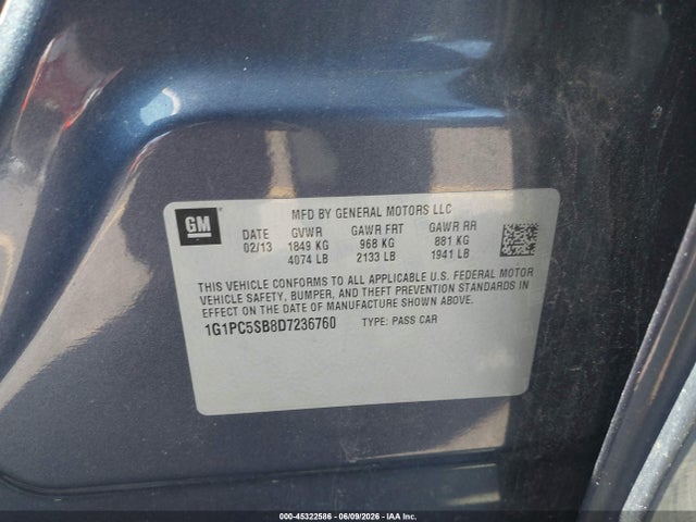 45322586 :رقم المزاد ، 1G1PC5SB8D7236760 vin ، 2013 Chevrolet Cruze 1lt Auto مزاد بيع