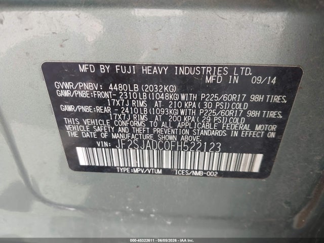 Продаж на аукціоні авто 2015 Subaru Forester 2.5i Premium, vin: JF2SJADC0FH522123, номер лоту: 45322611
