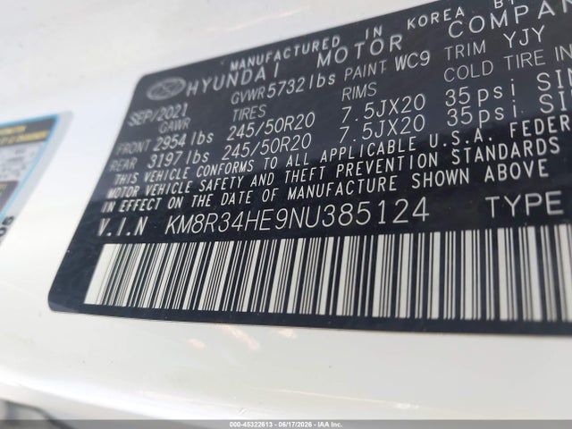 45322613 :رقم المزاد ، KM8R34HE9NU385124 vin ، 2022 Hyundai Palisade Sel مزاد بيع