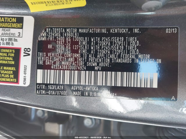45322621 :رقم المزاد ، 4T3ZA3BB3DU074924 vin ، 2013 Toyota Venza Xle مزاد بيع
