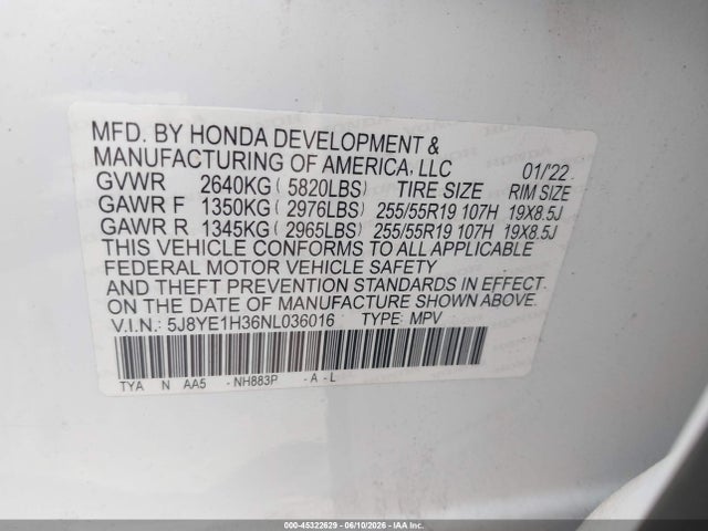 5J8YE1H36NL036016 Acura Mdx Standard