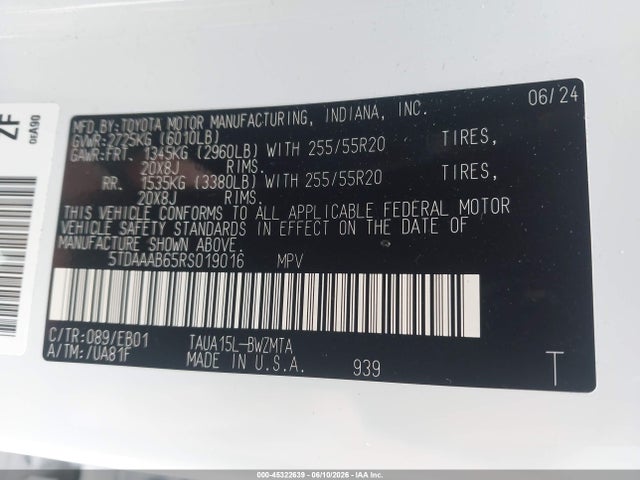 45322639 :رقم المزاد ، 5TDAAAB65RS019016 vin ، 2024 Lexus Tx 350 Premium مزاد بيع