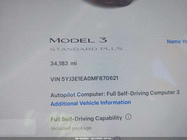 Aukcja sprzedaży 2021 Tesla Model 3 Standard Range Plus Rear-wheel Drive, vin: 5YJ3E1EA0MF870621, numer aukcji: 45322641
