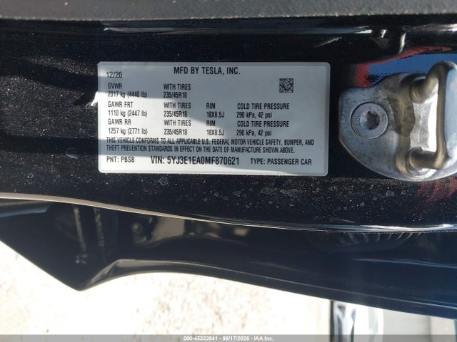 Aukcja sprzedaży 2021 Tesla Model 3 Standard Range Plus Rear-wheel Drive, vin: 5YJ3E1EA0MF870621, numer aukcji: 45322641
