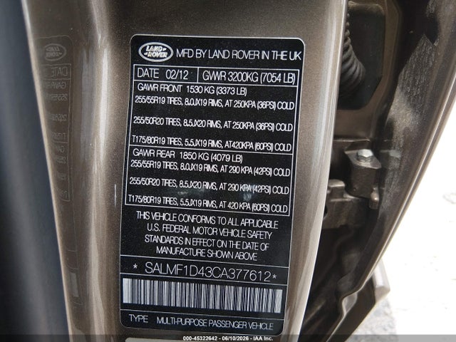45322642 :رقم المزاد ، SALMF1D43CA377612 vin ، 2012 Land Rover Range Rover Hse مزاد بيع