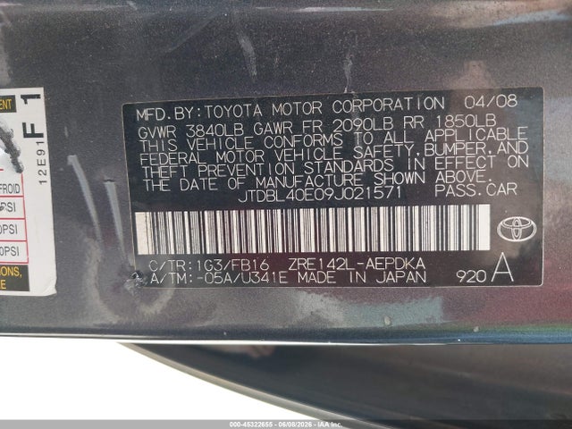 Продаж на аукціоні авто 2009 Toyota Corolla, vin: JTDBL40E09J021571, номер лоту: 45322655