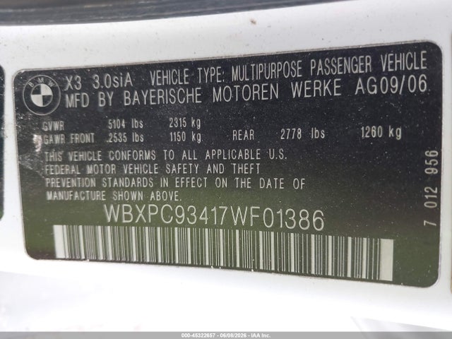 Aukcja sprzedaży 2007 Bmw X3 3.0si, vin: WBXPC93417WF01386, numer aukcji: 45322657