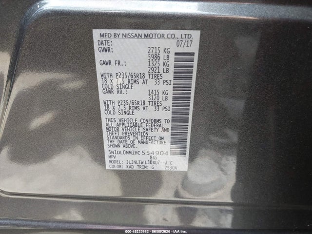 45322662 :رقم المزاد ، 5N1DL0MM1HC554904 vin ، 2017 Infiniti Qx60 مزاد بيع