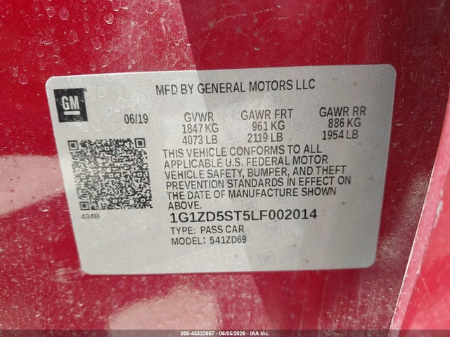 45322667 :رقم المزاد ، 1G1ZD5ST5LF002014 vin ، 2020 Chevrolet Malibu Fwd Lt مزاد بيع