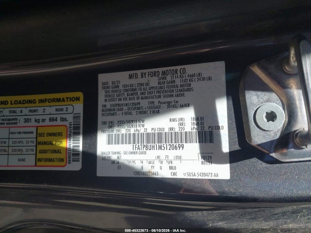 45322673 :رقم المزاد ، 1FATP8UH1M5120699 vin ، 2021 Ford Mustang Ecoboost Premium مزاد بيع