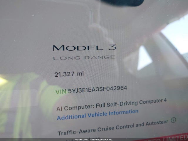 2025 Tesla Model 3 Long Range Rear-wheel Drive/standard Rear-wheel Drive მანქანა იყიდება აუქციონზე, vin: 5YJ3E1EA3SF042964, აუქციონის ნომერი: 45322677