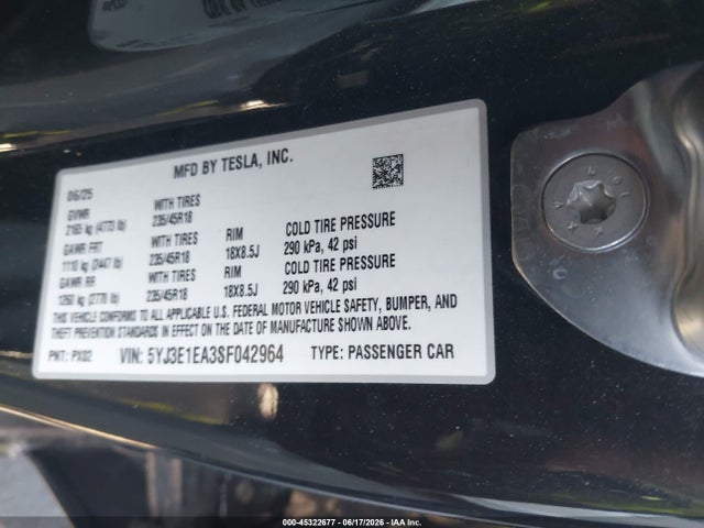 2025 Tesla Model 3 Long Range Rear-wheel Drive/standard Rear-wheel Drive მანქანა იყიდება აუქციონზე, vin: 5YJ3E1EA3SF042964, აუქციონის ნომერი: 45322677