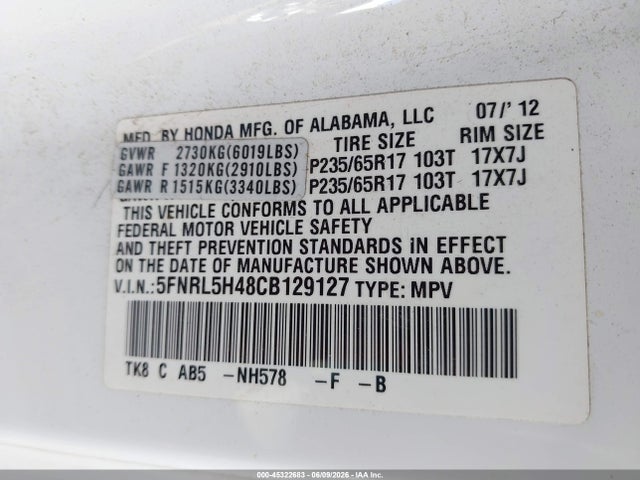 45322683 :رقم المزاد ، 5FNRL5H48CB129127 vin ، 2012 Honda Odyssey Ex مزاد بيع