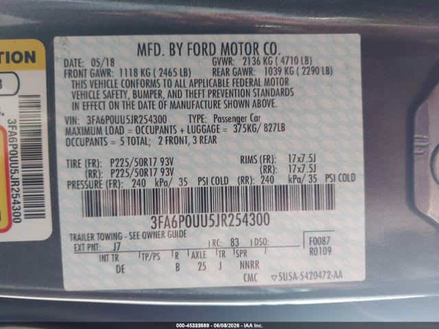 3FA6P0UU5JR254300 Ford Fusion Hybrid S