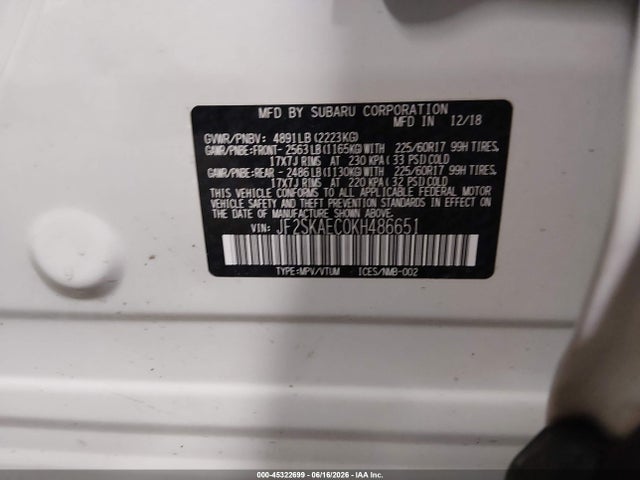 Aukcja sprzedaży 2019 Subaru Forester Premium, vin: JF2SKAEC0KH486651, numer aukcji: 45322699