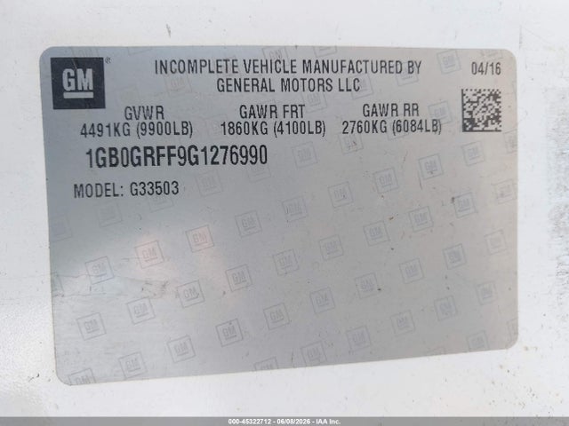 2016 Chevrolet Express Cutaway 3500 მანქანა იყიდება აუქციონზე, vin: 1GB0GRFF9G1276990, აუქციონის ნომერი: 45322712