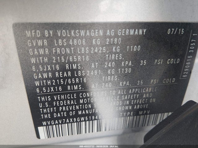 45322722 :رقم المزاد ، WVGAV7AX9GW519481 vin ، 2016 Volkswagen Tiguan S مزاد بيع