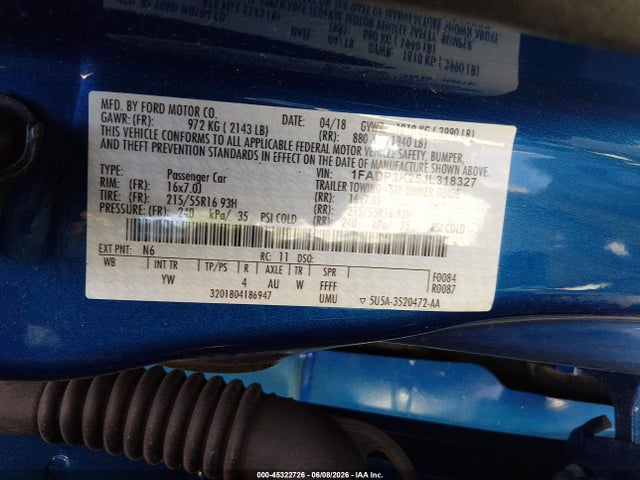 45322726 :رقم المزاد ، 1FADP3K25JL318327 vin ، 2018 Ford Focus Se مزاد بيع