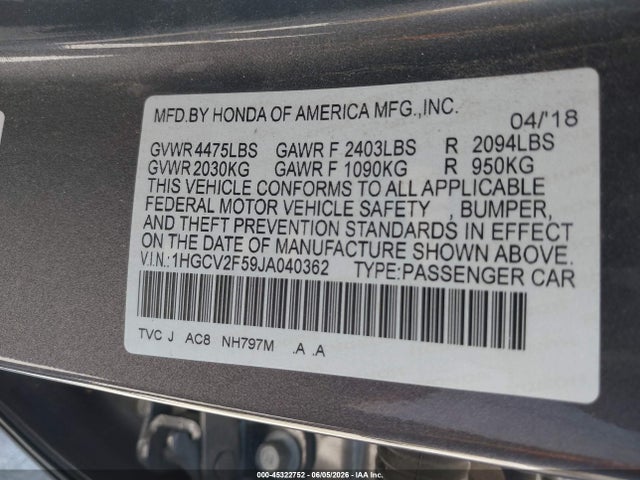 Продажа на аукционе авто 2018 Honda Accord Ex-l 2.0t, vin: 1HGCV2F59JA040362, номер лота: 45322752