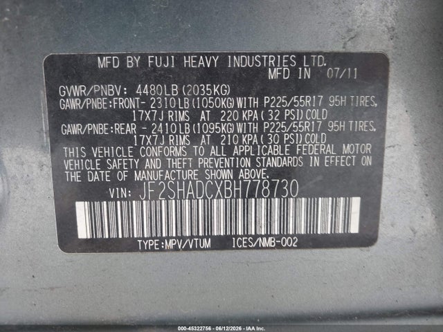 Aukcja sprzedaży 2011 Subaru Forester 2.5x Premium, vin: JF2SHADCXBH778730, numer aukcji: 45322756