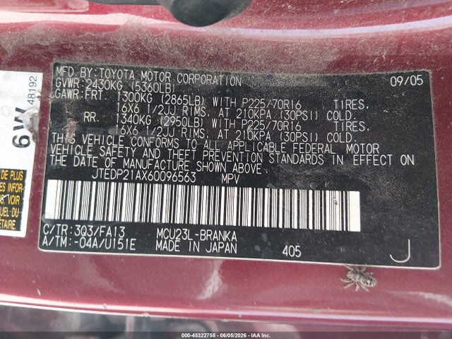 Aukcja sprzedaży 2006 Toyota Highlander V6, vin: JTEDP21AX60096563, numer aukcji: 45322758