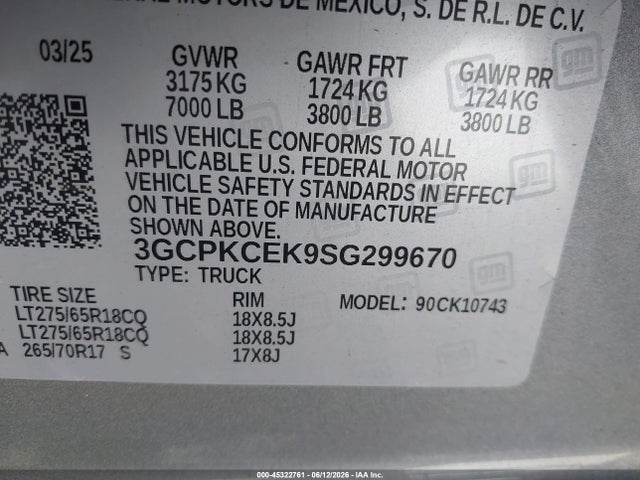 3GCPKCEK9SG299670 Chevrolet Silverado 1500 4wd Standard Bed Custom Trail Boss