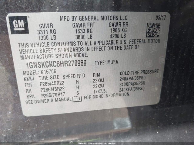 Продаж на аукціоні авто 2017 Chevrolet Tahoe Premier, vin: 1GNSKCKC8HR270989, номер лоту: 45322780