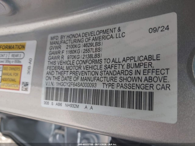 Aukcja sprzedaży 2025 Honda Accord Hybrid Ex-l, vin: 1HGCY2F64SA000093, numer aukcji: 45322789