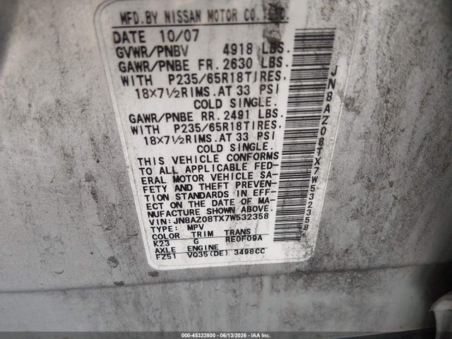 2007 Nissan Murano S მანქანა იყიდება აუქციონზე, vin: JN8AZ08TX7W532358, აუქციონის ნომერი: 45322800