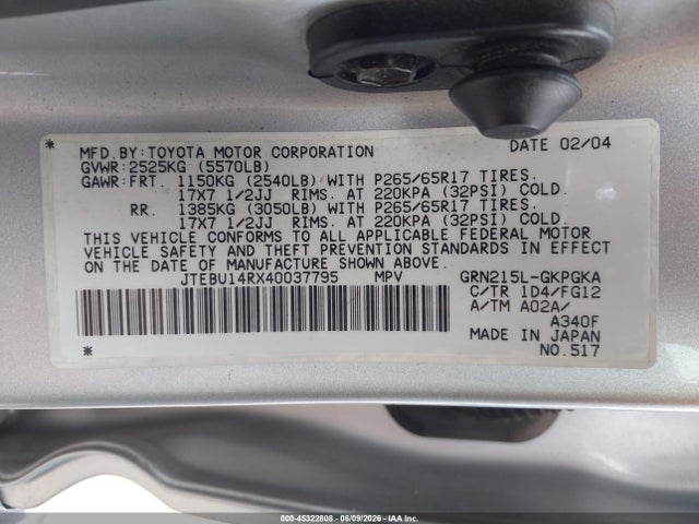 2004 Toyota 4runner Sr5 V6 მანქანა იყიდება აუქციონზე, vin: JTEBU14RX40037795, აუქციონის ნომერი: 45322808