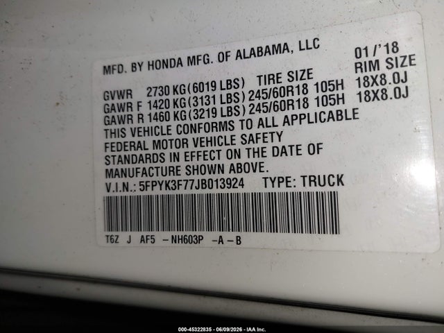 Honda Ridgeline Rtl-e 2018 5FPYK3F77JB013924 Image 9