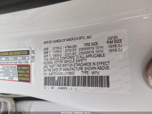 45322836 :رقم المزاد ، 5J8TC1H3XLL019653 vin ، 2020 Acura Rdx Standard مزاد بيع